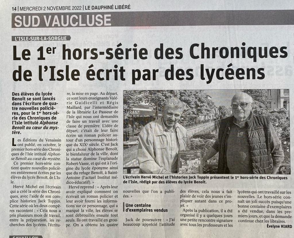 Article de presse, dans le Dauphiné Libéré intitulé : le 1er hors-série des Chroniques de L'Isle écrit par des lycéens